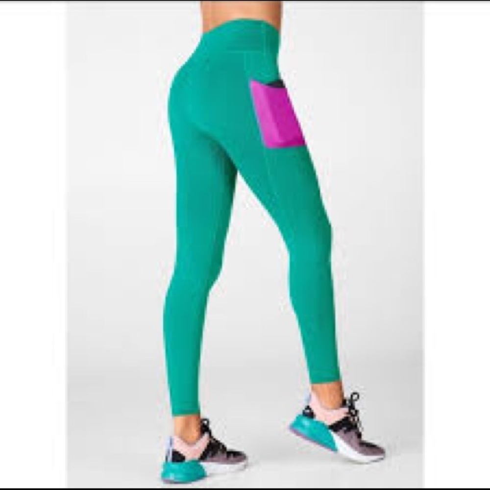 Fabletics Sculptknit High Waist Leggings in Teal and Fiesta Pink